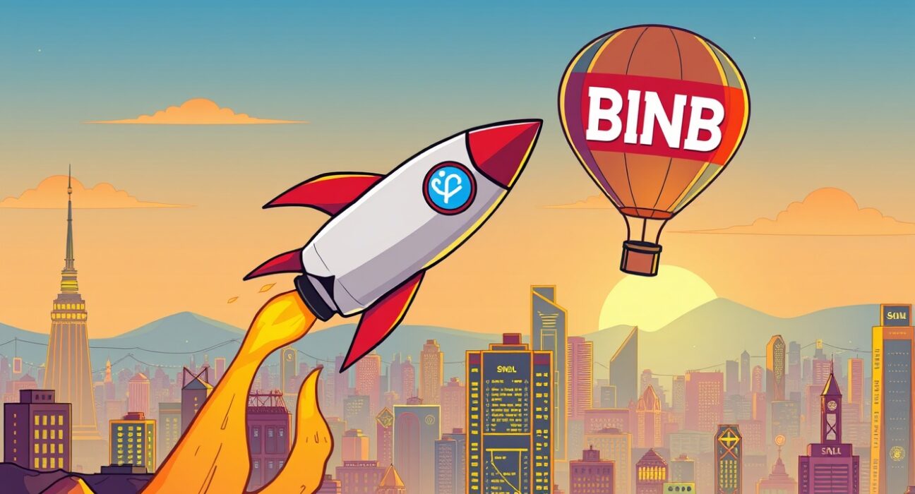 A cartoon illustration showing Solana SOL's rocket-like ascent past BNB, symbolizing its significant rise in cryptocurrency market capitalization.
