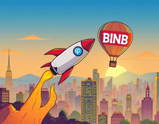 A cartoon illustration showing Solana SOL's rocket-like ascent past BNB, symbolizing its significant rise in cryptocurrency market capitalization.