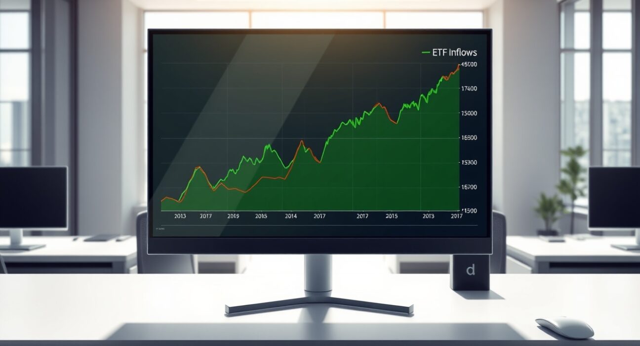 Analyst data on the successful Solana spot ETF inflows contrasted with falling SOL price on a professional trading desk.
