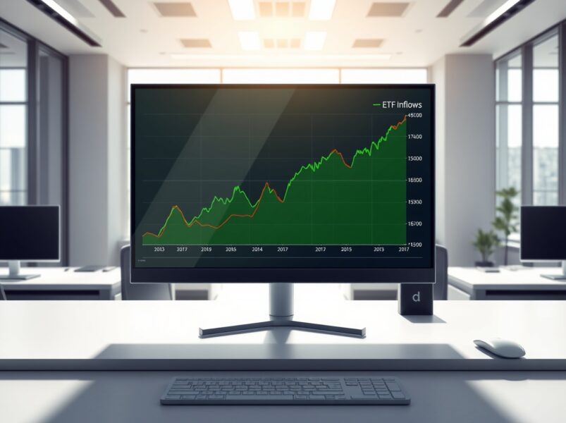 Analyst data on the successful Solana spot ETF inflows contrasted with falling SOL price on a professional trading desk.