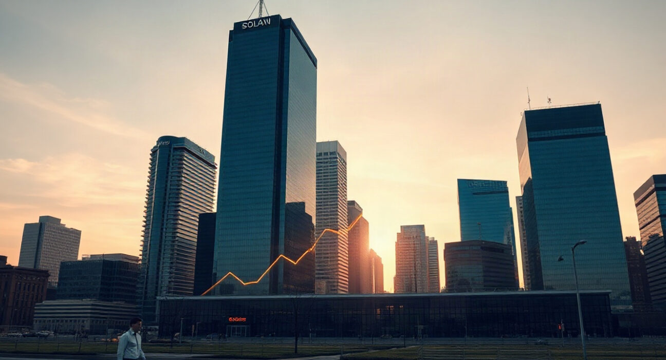 Financial district skyline with digital Solana symbol and upward charts representing ETF inflows