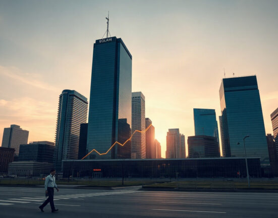 Financial district skyline with digital Solana symbol and upward charts representing ETF inflows