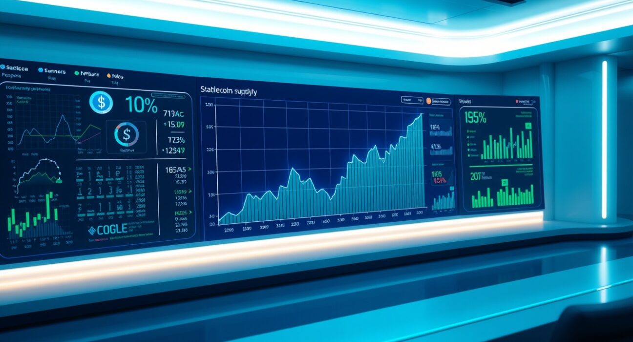 Digital dashboard showing rising Solana stablecoin supply chart with blue and green data lines.