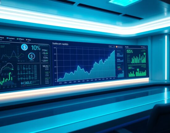 Digital dashboard showing rising Solana stablecoin supply chart with blue and green data lines.