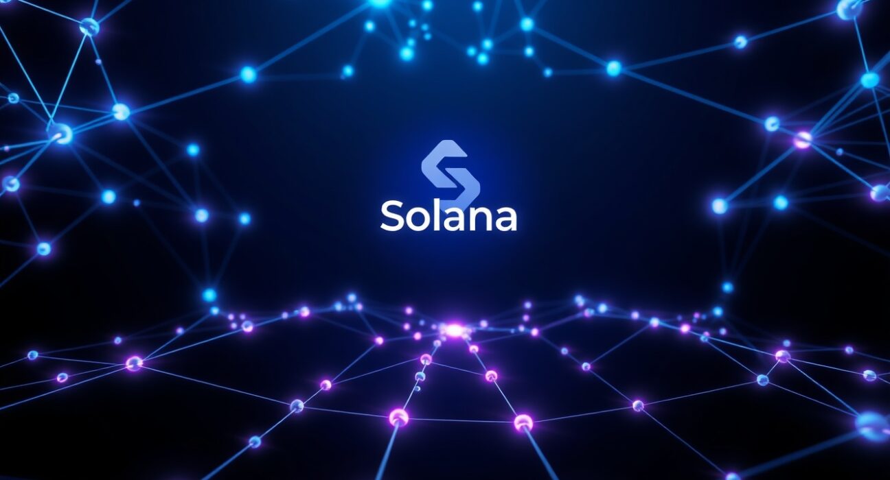 Visual representation of the Solana blockchain network processing record stablecoin transaction volume.