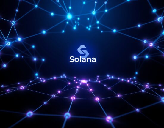 Visual representation of the Solana blockchain network processing record stablecoin transaction volume.