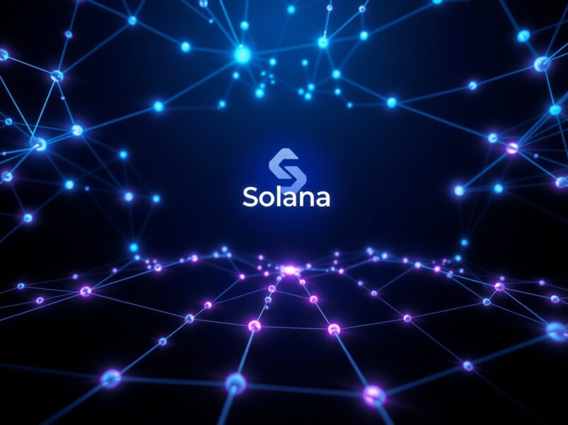 Visual representation of the Solana blockchain network processing record stablecoin transaction volume.