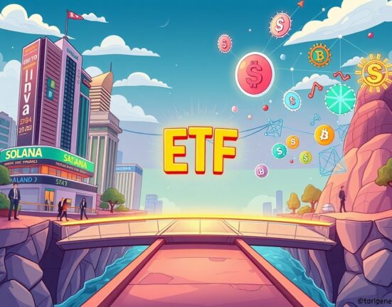 A vibrant cartoon illustration depicting a bridge connecting traditional finance symbols with crypto symbols to represent the innovative Solana staking ETF.