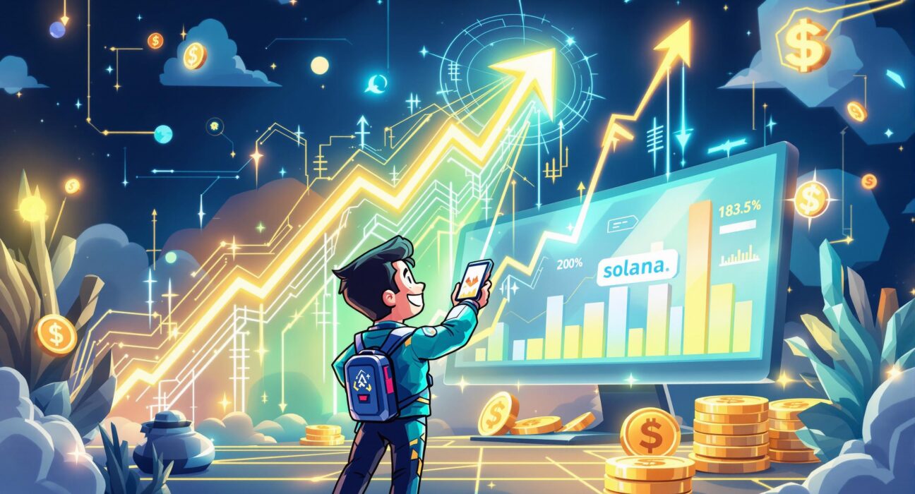 A cartoon illustration showing rapid growth and success for a Solana Staking ETF, symbolizing its quick ascent to $100 million.