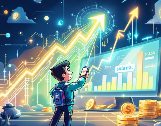 A cartoon illustration showing rapid growth and success for a Solana Staking ETF, symbolizing its quick ascent to $100 million.