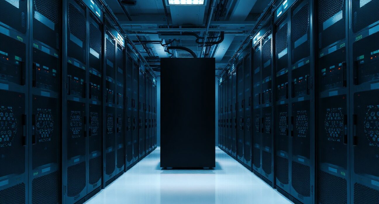 Partially darkened server racks in a data center representing a Solana validator outage