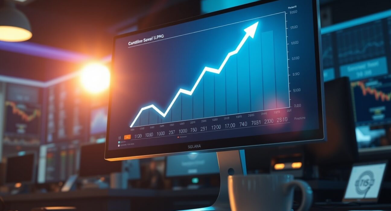 Digital trading dashboard showing record Solana stock token volume with upward chart trend