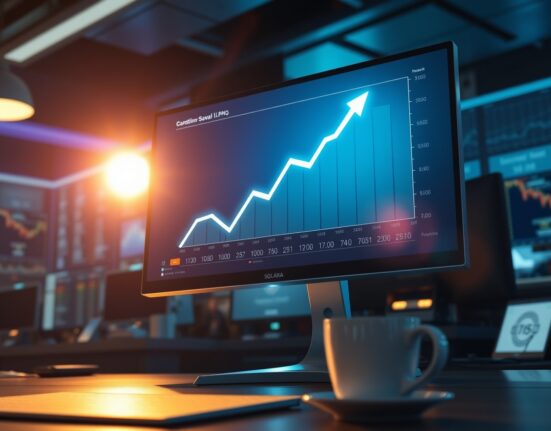 Digital trading dashboard showing record Solana stock token volume with upward chart trend