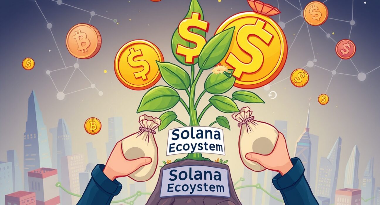 A vibrant cartoon illustration showing investment fueling the Solana ecosystem, representing a significant Solana strategic investment.