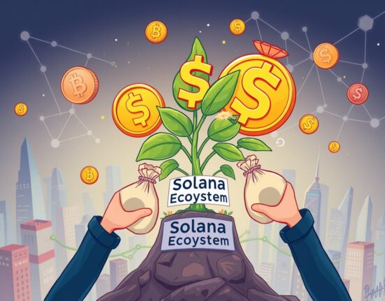 A vibrant cartoon illustration showing investment fueling the Solana ecosystem, representing a significant Solana strategic investment.