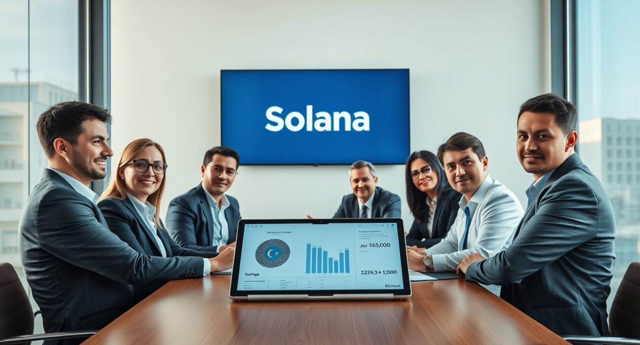 Business meeting discussing Solana and Kazakhstani tenge stablecoin launch in Almaty office