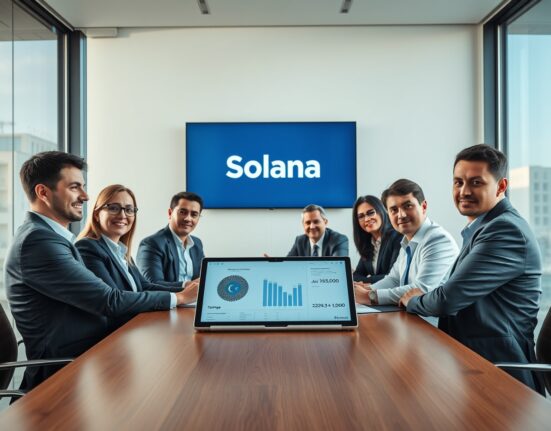 Business meeting discussing Solana and Kazakhstani tenge stablecoin launch in Almaty office
