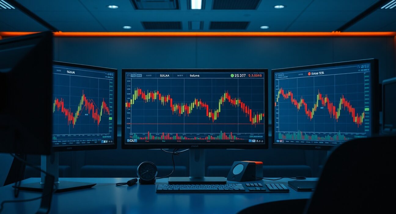 Solana price chart showing a test of a major support level on a trading monitor.