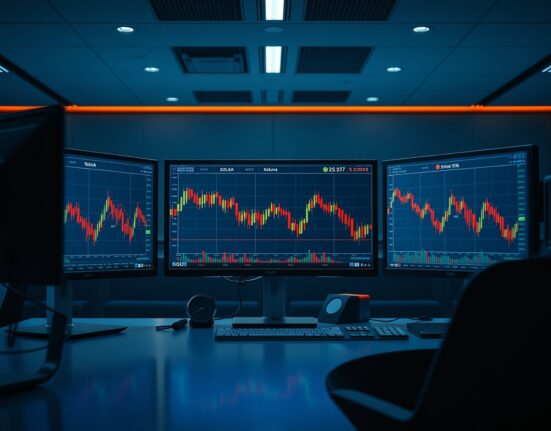 Solana price chart showing a test of a major support level on a trading monitor.