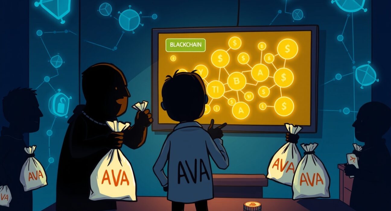 Cartoon illustration exposing alleged insider coordination in Solana token AVA launch