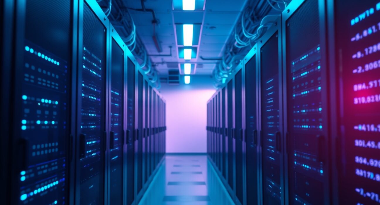 A modern data center with blue and purple lighting, representing the Solana blockchain network.