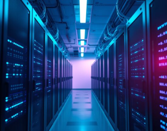 A modern data center with blue and purple lighting, representing the Solana blockchain network.