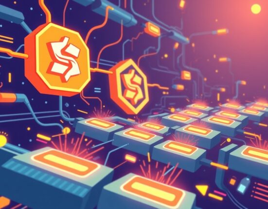 A vibrant cartoon illustration showing Solana TPS reaching peak performance in a network stress test.