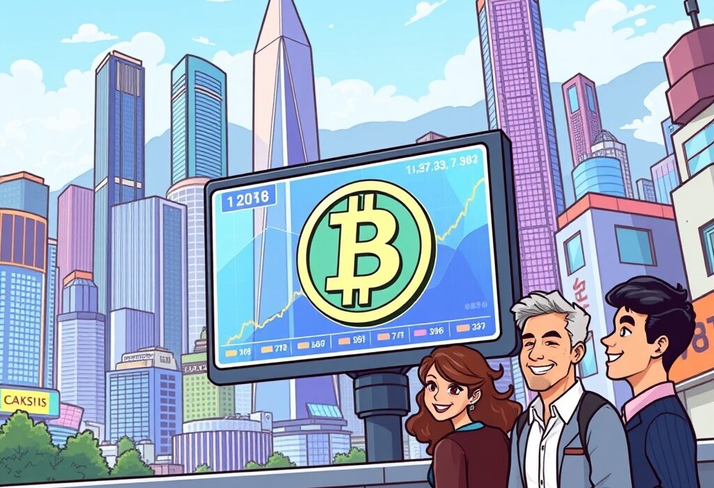 A cartoon illustration showing the excitement of Solana trading in Hong Kong's financial hub, symbolizing new investment opportunities.