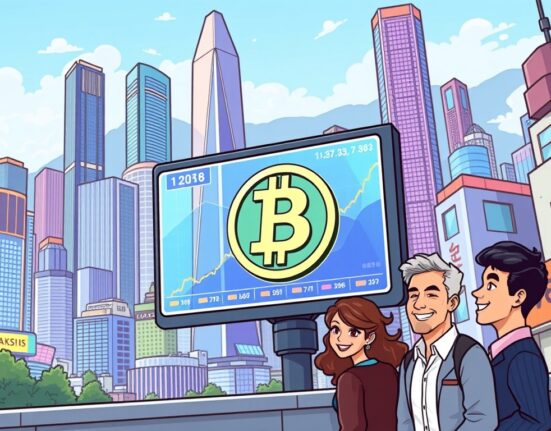 A cartoon illustration showing the excitement of Solana trading in Hong Kong's financial hub, symbolizing new investment opportunities.