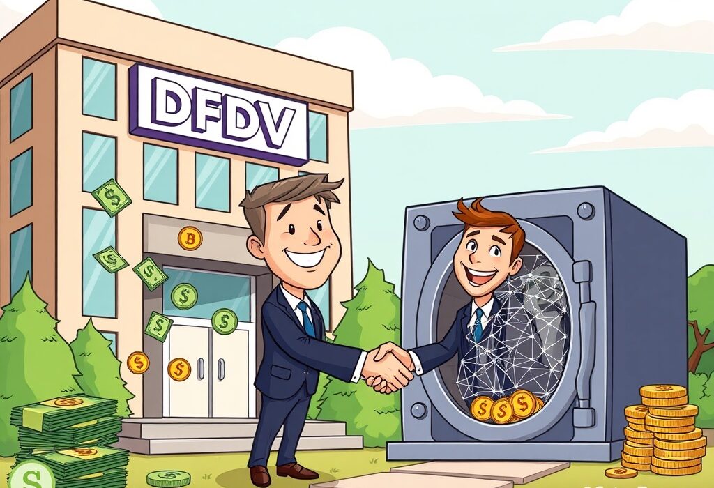 A cartoon illustration showing funds flowing into a Solana treasury, representing DeFi Development Corp.'s strategic Solana treasury expansion.