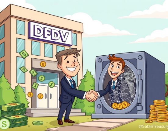 A cartoon illustration showing funds flowing into a Solana treasury, representing DeFi Development Corp.'s strategic Solana treasury expansion.