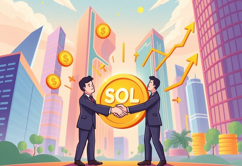Cartoon illustration showing new Solana treasury firms collaborating to boost Solana ecosystem growth and digital asset management.
