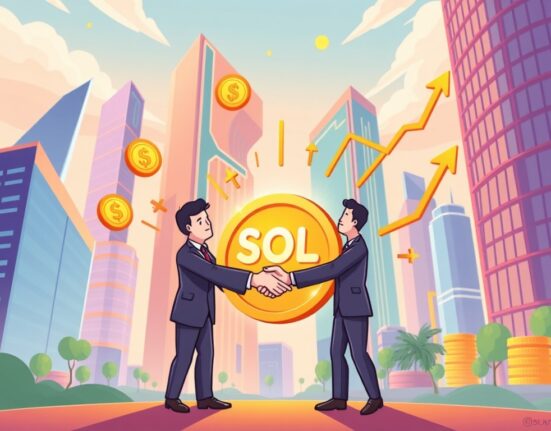 Cartoon illustration showing new Solana treasury firms collaborating to boost Solana ecosystem growth and digital asset management.