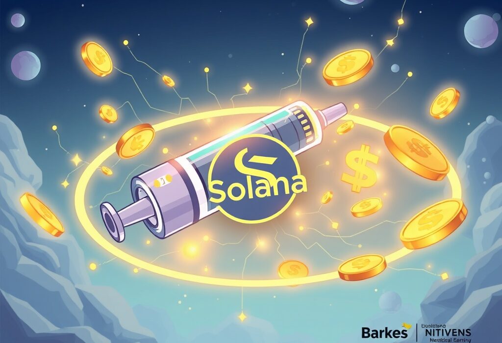 A vibrant cartoon showing a medical device connected to a blockchain network, symbolizing Sharps Tech's investment in a Solana treasury.