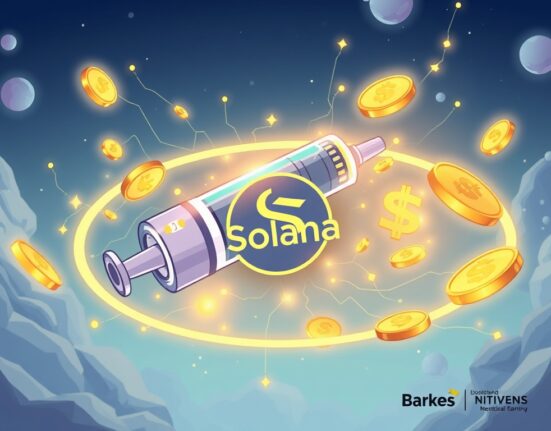 A vibrant cartoon showing a medical device connected to a blockchain network, symbolizing Sharps Tech's investment in a Solana treasury.