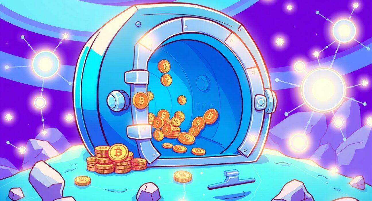 Cartoon illustration showing Solana TVL decreasing as value flows out of a digital vault.
