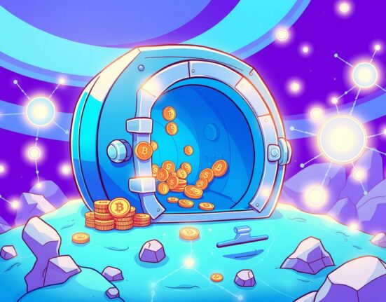 Cartoon illustration showing Solana TVL decreasing as value flows out of a digital vault.