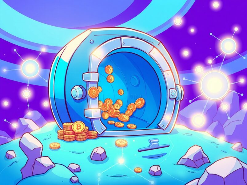 Cartoon illustration showing Solana TVL decreasing as value flows out of a digital vault.