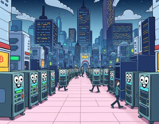 Cartoon illustration showing a dramatic decline in Solana validator count within a vibrant network city.