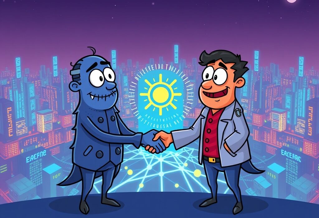 Cartoon illustration showing Delphi Digital and Chorus One joining forces as Solana validators, enhancing network strength and decentralization.
