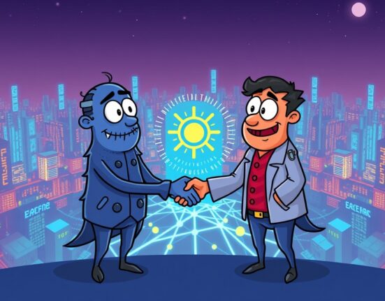 Cartoon illustration showing Delphi Digital and Chorus One joining forces as Solana validators, enhancing network strength and decentralization.