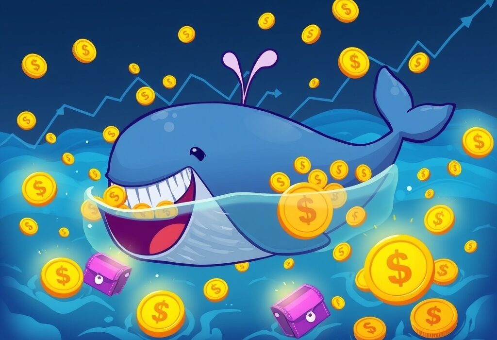 A cartoon whale represents large Solana wallets, indicating unprecedented growth in SOL holdings and crypto whale activity.