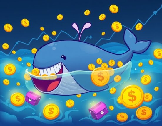 A cartoon whale represents large Solana wallets, indicating unprecedented growth in SOL holdings and crypto whale activity.