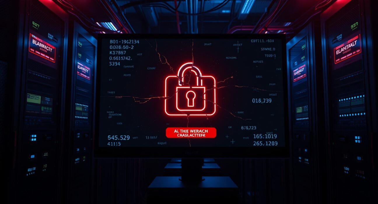 Cracked digital wallet icon on a monitor in a dark server room, representing a cryptocurrency theft.