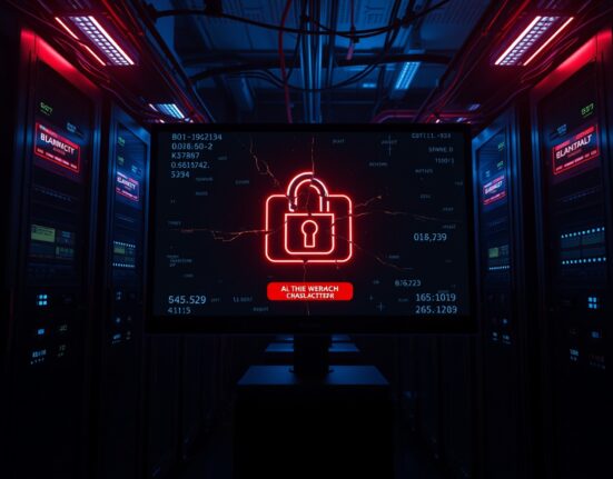 Cracked digital wallet icon on a monitor in a dark server room, representing a cryptocurrency theft.