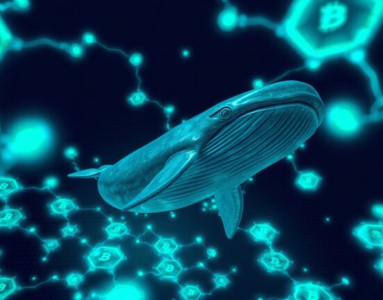 A digital whale swimming through a network of blockchain nodes, representing a large cryptocurrency transaction.