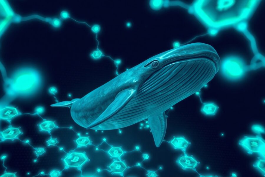 A digital whale swimming through a network of blockchain nodes, representing a large cryptocurrency transaction.