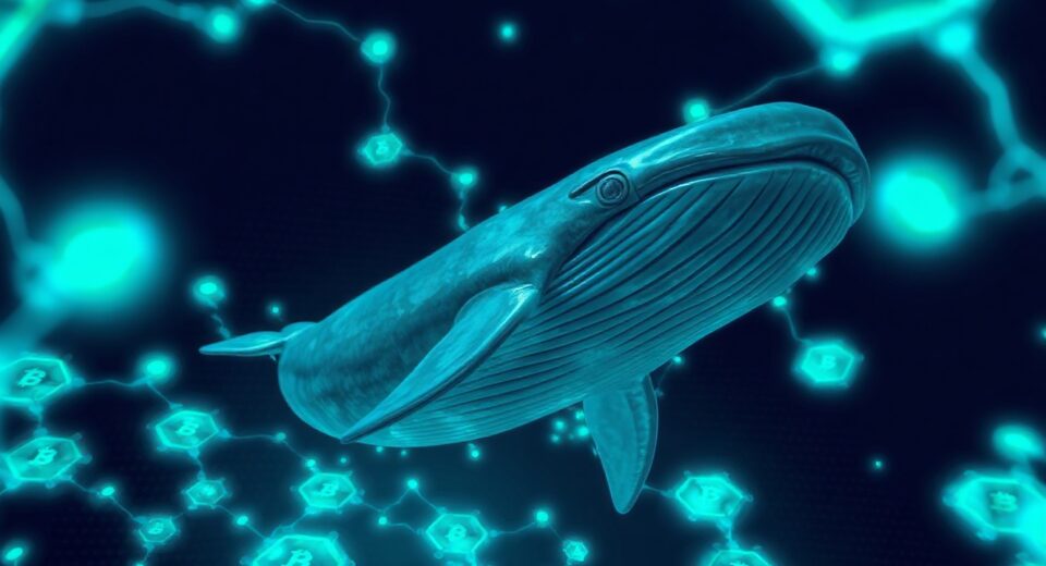 A digital whale swimming through a network of blockchain nodes, representing a large cryptocurrency transaction.