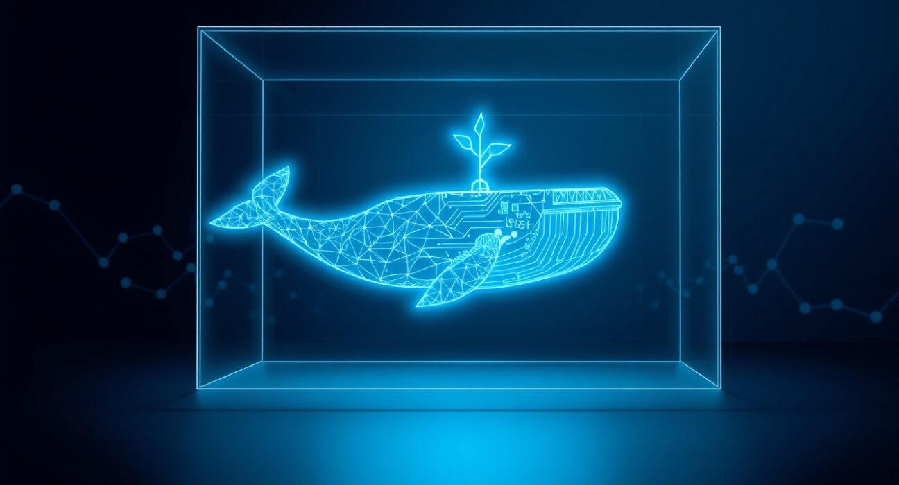 A digital whale symbol trapped in a cube represents a Solana investor's $1.5M liquidity crisis with Anthropic stock tokens.