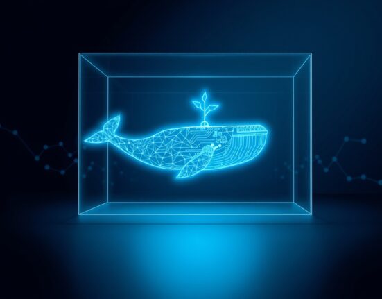 A digital whale symbol trapped in a cube represents a Solana investor's $1.5M liquidity crisis with Anthropic stock tokens.